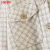 Kobiety Beżowa Plaid Oversized Tweed Jacket Kieszenie luźne styl Długie Rękaw Płaszcze Kobiet Znak Outwear QW312 210416