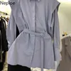 Neploe Spring Fake Two Piece Blouse Women Lace-up Solid Color Shirts Korean Temperament Blusas Slim Fit Fashion Long Sleeve Tops 210422