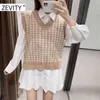 ZEVITY Yeni Kadın Moda V Boyun Houndsthooth Ekose Patchwork Yelek Ceket Ofis Bayanlar Kolsuz Casual Ince Yelek Üstleri S378 210419