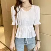 Women's White Sweet wind Chiffon shirt Female Loose Draw back Shirts Lady Simple Style Tops 210507