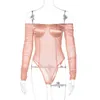 Cnyishe с длинным рукавом сетка явная косой шеи сексуальные Rompers Женщины Bodysuit Мода Уличная одежда Очерпывает Сплошные комбинезоны Женские комбинезоны 210419