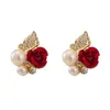 Orecchini floreali con borchie Bellissima rosa rossa imitazione Crystal Girl Pearl Simple Ear Jewelry Gift278P