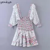 Romantyczny Kwiatowy Drukuj Warstwowa Ruffle Sukienka Kobiety Sexy Square Neck Sleeve Mini Summer Boho Krótki Vestido 210514