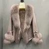 Manteau de fourrure véritable d'hiver véritable cuir de peau de lapin et vestes de fourrure avec col de fourrure naturelle dames vêtements d'extérieur surdimensionnés 211019