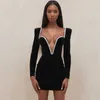 DEAT Women Velvet Black Temperament Open Back Mini Dress Long Sleeve Deep V-neck Fashion Spring Summer 11B075 210709