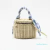 Axelväskor Handväska Kvinnor Handvävda Straw Gitter Bucket Bag Travel Retro Plaid Strap Woven Tote