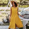 Kobiety Summer Sukienka Bawełniana Bez Rękawów A-Line O-Neck Solidne Przyciski Single Casual Damska Sukienka Wakacje Odzież plażowa 210524