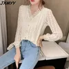 spring and autumn fashion V-neck lace shirt long-sleeved niche shirt mesh hollow air quality top JXMYY 210412