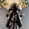 Embroidered Flower Ostrich Hair O Neck Tie Lantern Sleeve Lace A Line Mid-Calf Dresses Women 210615