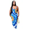 Stor storlek XL-5XL Sommar Höst Sexig Spaghetti Strål Klänning Kvinnor Tie Dye Tryckt Backless Maxi Long Night Club Robes Vestidos 210525