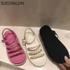 SUOJIALUN 2021 New Brand Women Sandal Fashion Chain Low Heel Gladiator Shoes Buckle Back Strap Casual Slides Shoes zapatos mujer K78