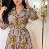 Sıradan Elbiseler Moda Fransızca Zarif Kadınlar Yaz Retro Baskı Müslüman Dubai Abaya Kavur Tek Bravatalı Uzun Kollu Gömlek Elbise