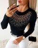 Ninimour Hot Stamping Sheer Mesh Insert Long Sleeve Blouse Patchwork Casual Basic Top Female Stylish Shirt Beaded Detail Blouse 210415