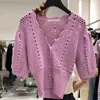 Summer Casual Knitwear Pull Puff Sleeve Creux Out Crochet Fleur Cardigan Femmes Élégant Col V Slim Knit Crop Top 210514