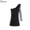 Fashion Women Dot Mesh Mini Dress Skew Collar Sheath Party Dresses Long Sleeve One Shoulder Bodycon Sexy Wear Vestidos De Verano 210414