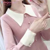 Aelegantmis Black Pink Turn Down Collar Slim Knitted Dress for Women Autumn Long Sleeve Pleated es Ladies Knit A-line 210607