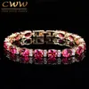 CWWZircons Classic Yellow Gold Color Round Fuchsia Red Aaa Cubic Zirconia Crystal Anslutna Armband Bangles för kvinnor CB047