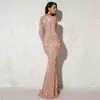 Elegantes Maxikleid mit O-Ausschnitt, langen Ärmeln und Pailletten, bodenlang, dehnbar, figurbetont, Partykleid, Gold, Grün, Burgunderrot, Rot 211206