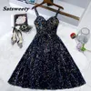 Knee Length Cocktail Dresses 2022 Navy Blue Spaghetti Straps Formal Party Prom Gowns Sexy Sequined Sweetheart Neck vestidos de