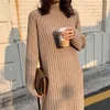 Vintage Turtleneck Warm Long Sweaters Dresses for Women Fall Winter 2021 Hepburn Style Loose Knitted Solid Color Vestido Mujer G1214