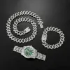 Hip Hop 15 MM 3 pièces KIT montre + collier + Bracelet Bling cristal AAA + glacé strass broches chaînes cubaines pour femmes hommes bijoux