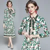 Wiosna Dres Bow Collar Luksusowy Kwiatowy Druku Vintage Elegancki Długi Rękaw Dorywczo 210531