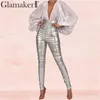 Glamaker Kunstleder Skinny Hosen Frauen Plissee Hohe Taille Streetwear Elegante Bleistifthosen Weibliche HerbstWinter Party Sexy Hosen 210412