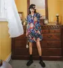 Şifon Yaz Çiçek Baskı Gömlek Elbise Womenn Kısa Kollu Düğme Yukarı Gevşek Kore Yaka Mini Vintage Giyim 210427