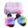 Woman Shoes Fluffy Plush Slippers Cute Faux Fox Slides Women Furry Handbag Ladies Fur Flip Flops Crossbody Bag Set C0330