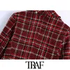 TRAF Femmes Mode Double Boutonnage Tweed Check Blazer Manteau Vintage Manches Longues Effilochées Garnitures Femelle Survêtement Chic Tops 210415