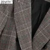 Kvinnor Vintage Plaid Print Chic Business Blazer Office Ladies Double Breasted Casual Slim Outwear Suit Tops CT639 210416