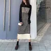 Black White Pullover Crew Neck Long Sleeve Straight Midi Autumn Dress Split Korean Knitted Striped D1692 210514