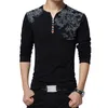 Autumn Fashion Floral Print Men T-shirt Henry Collar Button Decorate Long Sleeve T-shirt for Men Tops Plus Size 5XL 210722