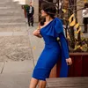 Yaz Bir Omuz Bodycon Bandaj Elbise Kadınlar Seksi Yay Uzun Kollu Kulübü Midi Ünlü Akşam Pist Parti Elbiseler