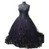 Gothic Black And Purple Masquerade Prom Dresses 3D Floral Appliqued Beaded 2022 Women Vintage Historical Victorian Corset Sweetheart Evening Gowns Lace Plus Size