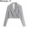 Kobiety Moda Hidden Button Tweed Cropped Blazer Płaszcz Vintage Z Długim Rękawem Kobiet Odzież Odzszenice Chic Veste Femme 210521