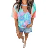 Dames T-shirt Dames Tie-Dye Hollow V-hals Korte Mouw Zomer Tops Tee 2022 T-shirt Kleding Losse Casual Tie Dyeing T-shirts