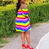 Fashion Rainbow Stripe Print Women Dress Summer Elegant Off Shoulder Short Sleeve Female Mini Backless Plus Size 210513