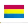 Ny randig gay rosa regnbåge flagga 14 * 21 tryck samma kön Pride bälte PE plast flaggpole hand flaggor EWB7849