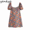 Vintage Floral Print Dress Women Sexy Square Neck Puff Sleeve High Waist Sundress Female A-line Mini Summer Casual 210430