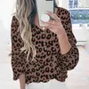 casual scollo a V manica lanterna bloue camicia stampa leopardo plus size camicetta top donna autunno inverno allentato femininas 210427