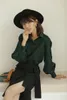 Fall Women Green Top Lantern Sleeve Blouse Button Up Collar Long Shirt Casual Autumn Ladies 210427