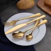 16 / 24pcs gyllene bestickrätter Dricksvaror Bordsuppsättningar Porslin Stainless Stål Guldplattor Gaffelsked Kniv Ställ Dinnerware Set 210928