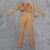 Ladies Bandage 2 Piece Set Feather Long Sleeve Lace Up Top Pencil Pants Sexy Club Party Spring 210527