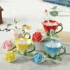 3D Rose Shape Flower Emaille Ceramic Coffee Thee Cup en Saucer Lepel Hoogwaardige Porselein Creative Valentine Gift Design 210907