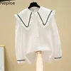 Neploe White Blouse Women Chic Peter Pan Collar Puff Sleeve Blusas Mujer Loose Single Breasted Shirt Korean Sweet Tops 210422