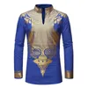 Roupas étnicas Camisas Homens África Roupas África África Dashiki Imprimir Terno Manga Longa Tecido de Bazin Rico V-Pescoço Algodão Casual Tops Lace Fashion Ro