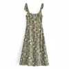 Vintage Green Floral Print Slip Kleid Frauen Sommer Elegante Schlanke Träger Mini Frau Elastische Taille Split Saum Vestidos 210430