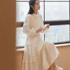 YOSIMI White Cotton and Linen Women Dress Summer Stand-neck Long Lantern Sleeve Mid-calf Lace Empire Sweet 210604