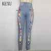 Jeans da donna Colore arcobaleno Incrociato con lacci Fodero con foro elastico a vita alta Pantaloni lunghi in denim a matita Pantaloni da strada da donna